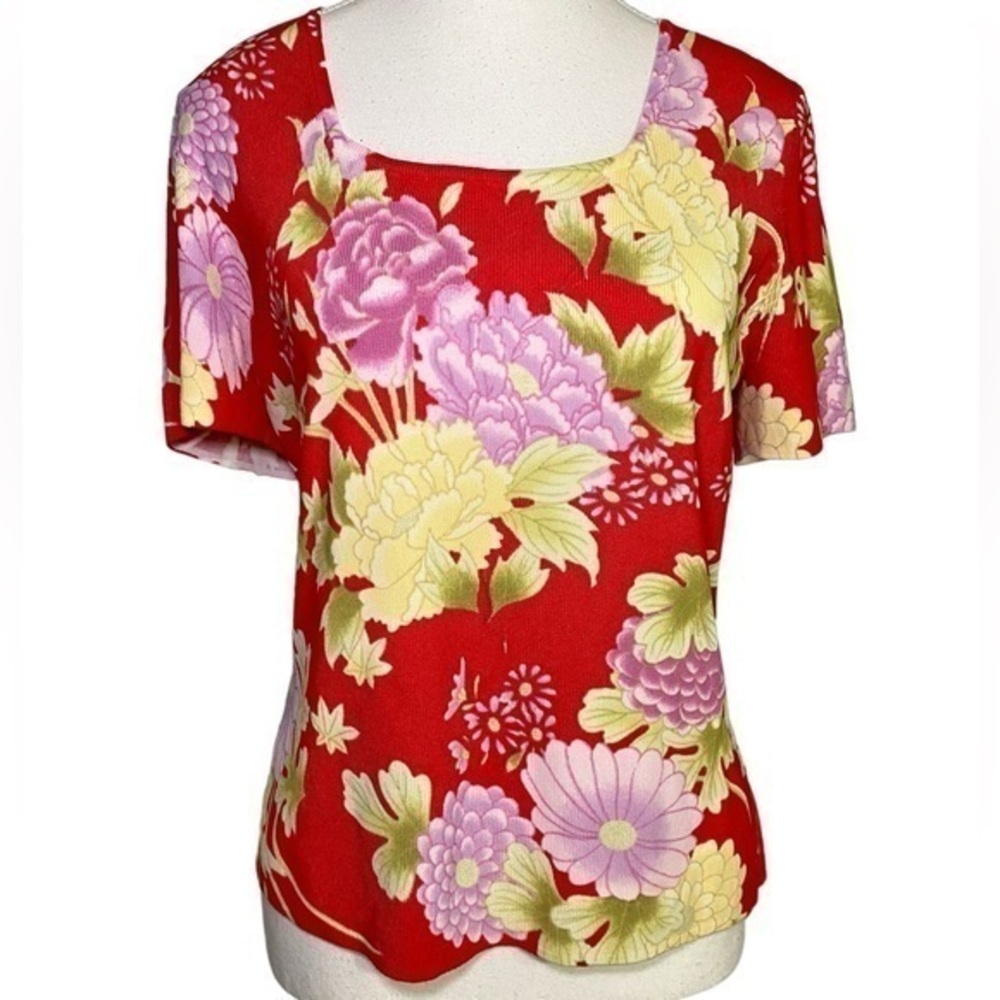 Designers Originals Red & Purple Floral Square Neck Short Sleeve Shirt